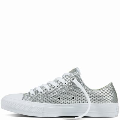 Converse Chuck Ii Perforated Metallic Low Tops Womens - Silver/White/White Shoes (558TKLGO)